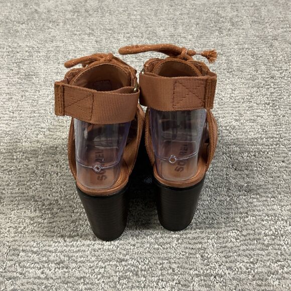 Sorel Sandals Women's 7.5 Nadia Teak Brown Orange Suede Lace Block Heel - Picture 6 of 10